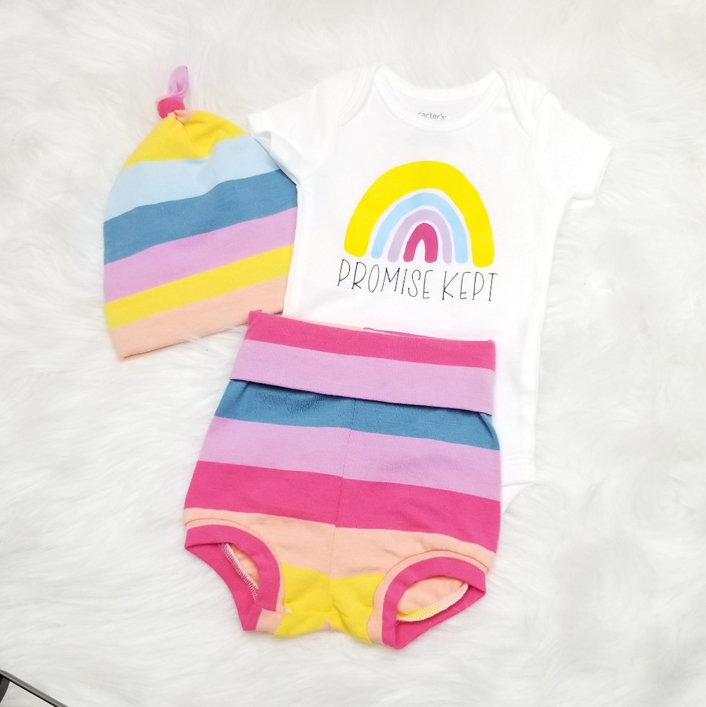 NWOT Rainbow Baby Outfit, Newborn, Bodysuit, Bloomers, Knotted Beanie